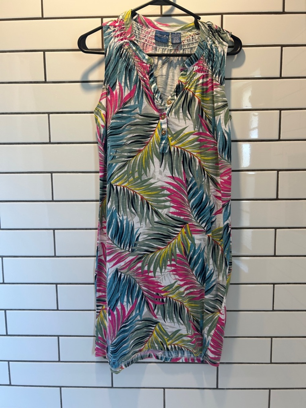 Caribbean Joe Sleeveless Midi Dress in Teal, Pink & Yellow Leaf Print